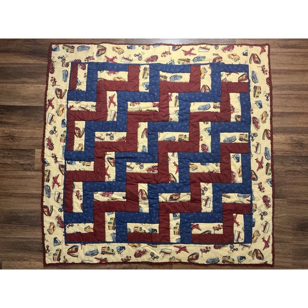 Handmade Zig Zag Patchwork Toddler Quilt PLANES CARS TRUCKS 40IN X 38IN